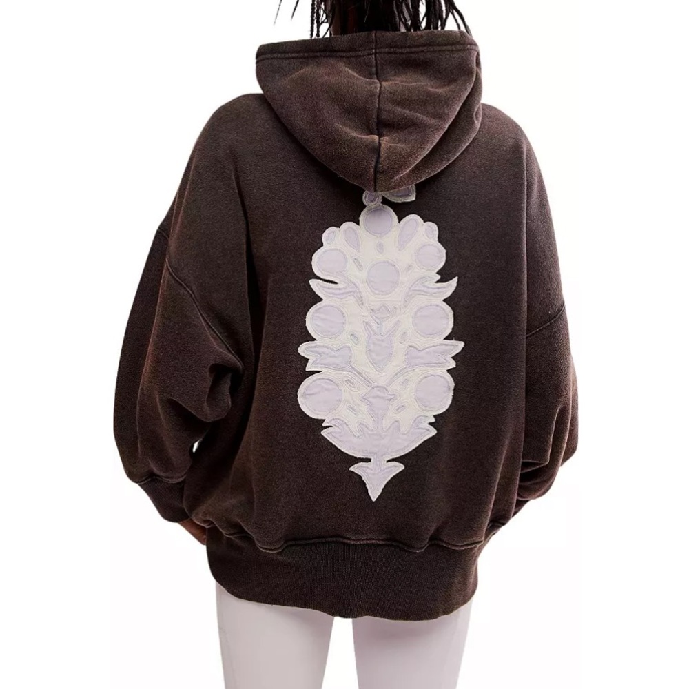 Free People Black Hoodie Sprint To The Finish with Lavender Leaf Design - Picture 3 of 3